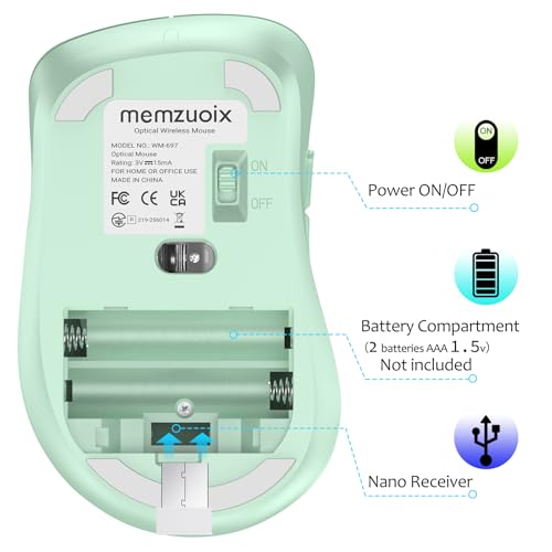 Image of memzuoix 2.4G Wireless Mouse, 1400 DPI Computer Mice USB Receiver, Portable Wireless USB Mouse Battery Powered Cordless Mice for Laptop, PC, Desktop, 5 Buttons (Light Green)