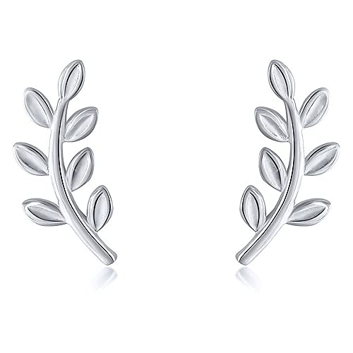 Cute Leaf Stud 925 Sterling Silver Earrings for Women Hypoallergenic 14K Gold Plated Small Olive Leaves Branch Cartilage Ear Climbers Studs Fashion Minimalist Prom Jewelry