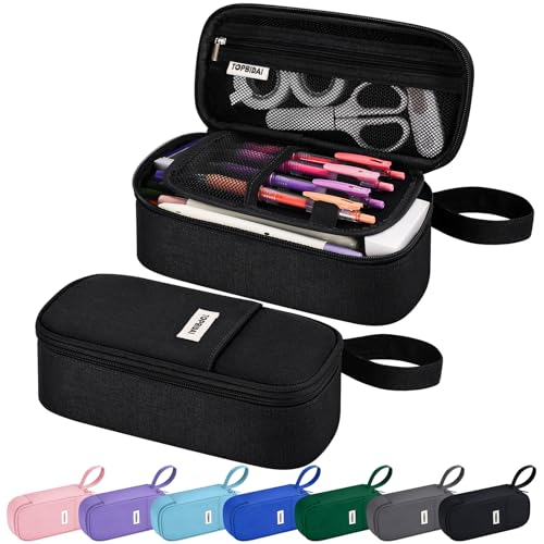 TOPBIDAI Large Pencil Case Pouch for Boy Men Kids Adults, Big Capacity Canvas Pencil Bag, Office College School Multi Compartment Zipper Stationery Pen Bag (Black)