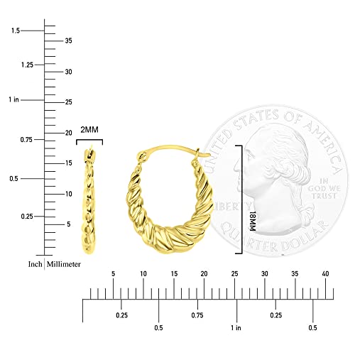 14K Yellow Gold 2x18mm Small Bamboo or Shrimp Design Lightweight Oval Hoop Earrings4