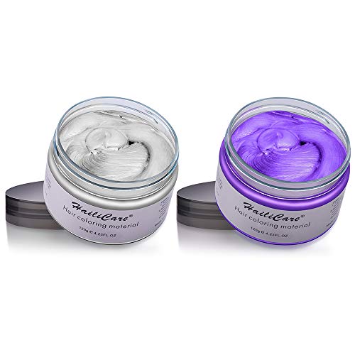Wash Out Hair Dye Wax Hailicare Temporary Hair Color 4.23 Oz Natural Hairstyle Color Wax for Men And Women Festivals Parties Clubbing Cosplay Halloween (White and Purple)