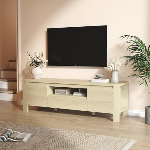 Image of TV Stand with Cabinet Doors, Entertainment Center with Adjustable Shelves, Media Console with Cable Management for Living Room or Bedroom,Natural Wood