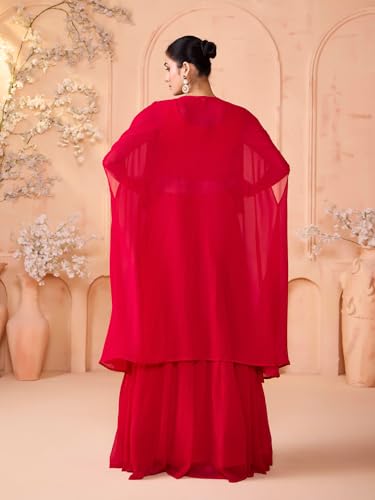 Image of madhuram textiles Women's Georgette Skirt And Crop Top With Long Koti Set For Solid With Embroidery Work Skirt Set(M-2515 Pink)