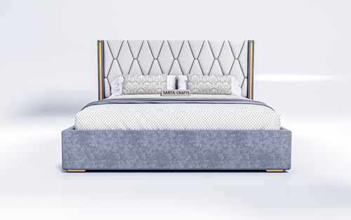 Image of Acacia Modern Upholstered Queen Size Bed with Hydraulic Storage for Bedroom | Wooden Double Beds for Home & Hotels | Platform Cot Bed with Upholstery Fabric, 6.5 x 5 Ft, Sheesham Wood, White-Grey