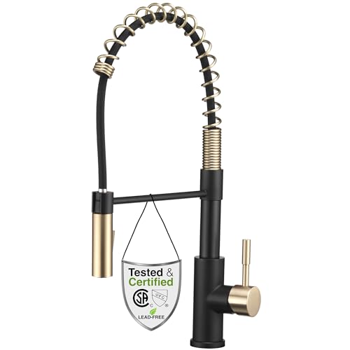 Image of Dura Faucet DF-MK504SLK-MB RV Swivel High-Arc Spring Kitchen Sink Faucet - Single Handle - Kitchen Faucet with Pull-Down Sprayer - Optional Deck Plate (Matte Black /Matte Gold)