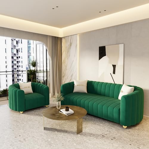 Moxoq Modern 2-Piece Green Velvet Sofa Set for Living Room,