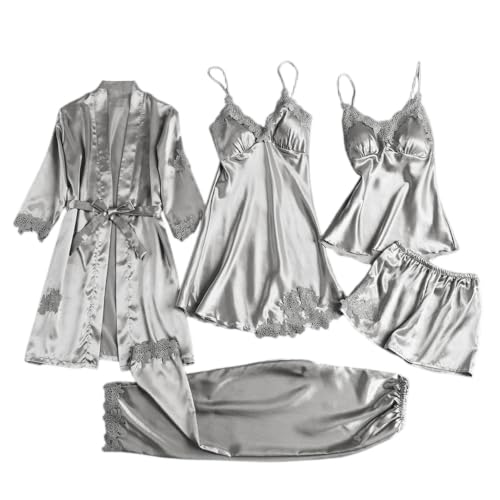 Ensemble femme chic et elegant pyjama satin 5 pièces blanc de nuit