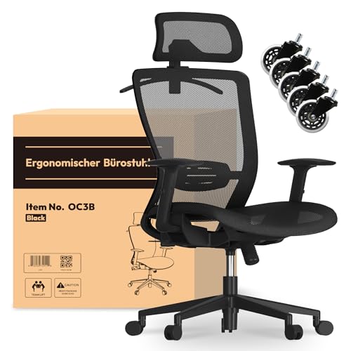 FLEXISPOT Ergonomic Office Chair With Hanger and EXTRA WHEELS Mesh Desk Chair With Height Adjustable Seat Headrest Armrest Lumbar Support and Caster Wheels (Dark Black)