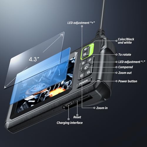 Image of Endoscope Camera with Light, Inspection Borescope Camera with 4.3 inch IPS Screen, 1920P HD with 8 LED Lights, 16.5FT Semi-Rigid Cord Bore Scope, IP67 Waterproof Endoscope for Sewer, Tools(Green)