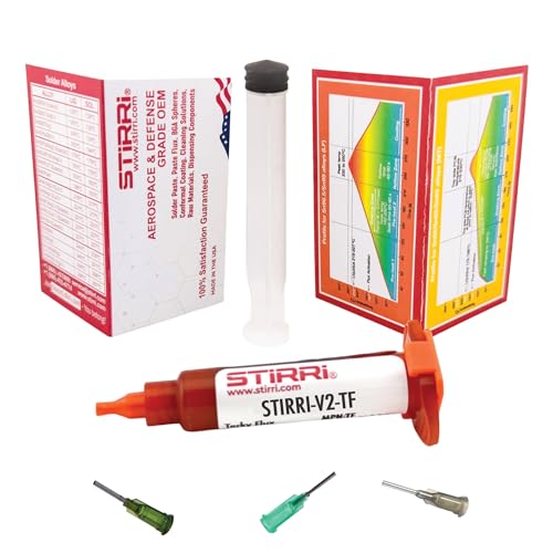 Image of STIRRI-V2-TF no-clean MT soldering tacky paste flux (ROL0) - 5g amber syringe kit with pine scent - for mid-range handsoldering electronics, BGA, hot air rework, SMD assembly