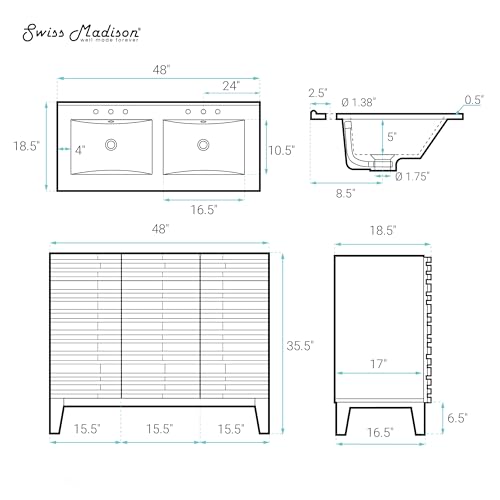 Image of Swiss Madison Cascade 48 inch Freestanding Bathroom Vanity in Green Oak with 3-Hole Widespread Double Basin Sink Top