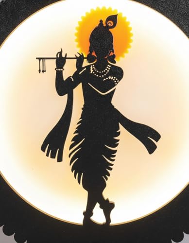 Image of Divine Krishna LED Backlit Lamp 8.25 inch MDF Wood & Acrylic Night Light with Power Adapter Spiritual Home Decor for Wall, Table, Gift Soothing Illumination for Peace & Harmony, Black