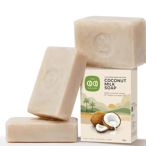 Image of Coconut Milk Handmade Soap Pack of 3 125g Cold Processed Natural Coconut Milk Soap Bar for Bath Moisturizing Soap for Dry Sensitive Skin Vegan Chemical Free Family Use