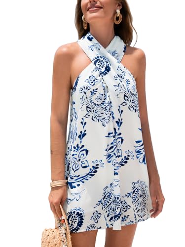 Image of CUPSHE Women's Paisley Mini Dresses Sleeveless Summer Criss Cross Halter Short Beach Cover Up Dress