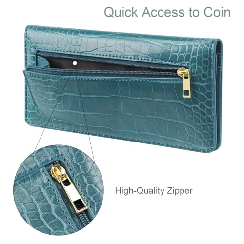 Image of Wallet Women Bifold Faux Crocodile Leather Slim Thin Long Wallets | RFID Blocking, Alligator Texture, Luxury, Credit Cards Holder, Female Woman Ladies Purse,Zipper Coin Pocket, Cadet Blue Croc