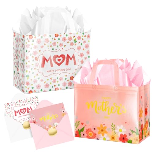 Jaywayang 2Pcs 12.6 Happy Mothers Day Gift Bags with Tissue Paper Envelope and Card Reusable Non-Woven Bag with Handles for Mothers Day Party Supplies