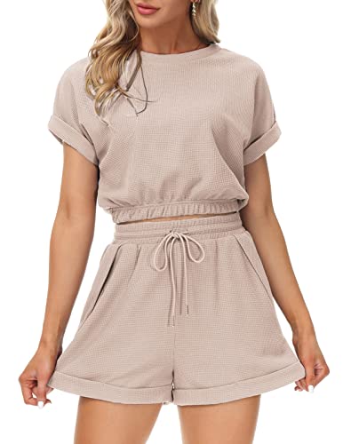 KANCY KOLE Damen 2-teiliges Pyjama-Set Waffelstrick Kurzarm Top und Shorts Loungewear Athletic Trainingsanzüge mit Taschen, aprikose, XXL Cover