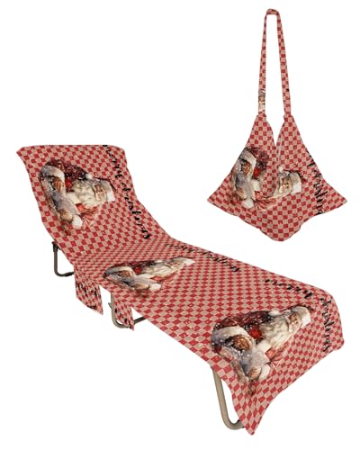 Red Plaid Snowman Christmas Beach Lounge Chair Towel Cover, Soft Chaise Lounge Towel with Side Pockets Patio Pool Chairs Cover for Beach/Pool Sunbathing 29x85 Xmas Winter Snowflake