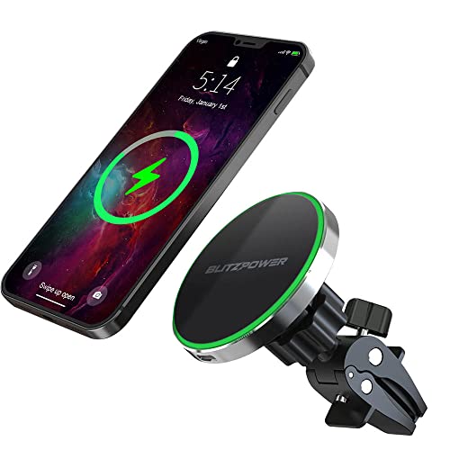 Blitz Power - Magnetic Wireless Car Charger With Precision Machined Aluminum Housing. Qi Compatible With Magsafe Car Charger, Fast Charging, Air Vent Mount For Iphone 12/13 Series And Magnetic Cases #TOP1