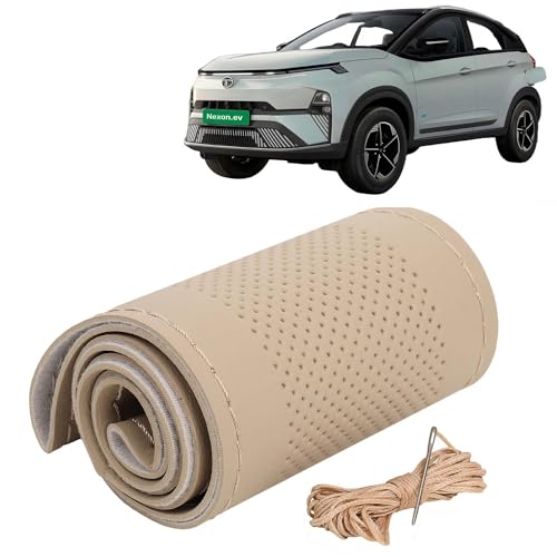 Image of KINGSWAY PU Leatherite Car Steering Cover Sewable Compatible with Tata Nexon EV (Year 2023 Onwards), Beige Color with Beige Thread, Pack of 1 with Sewing Needle and Thread