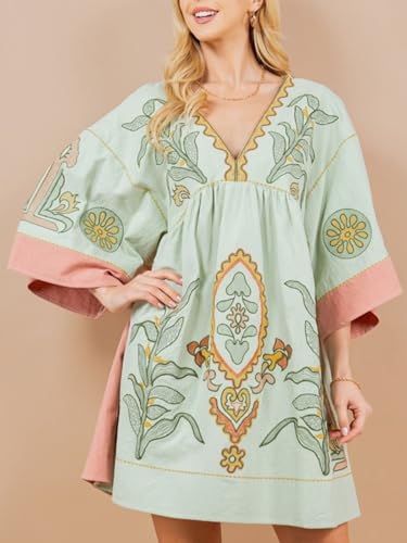 Image of Joiemont Womens Oversized Embroidered Dress with V-Neck and 3 /4 Sleeves Vintage Embroidery Babydoll Dress