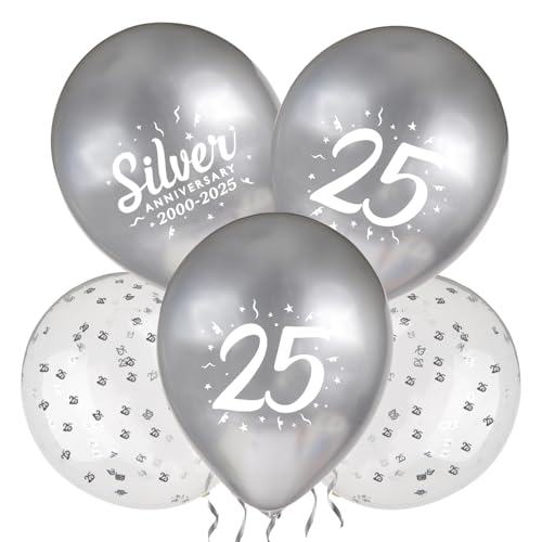 BETESSIN Decoración Boda de Plata, 24pcs Globos Plateados de 25 Aniversario, Globos de boda de plata, Decoración Globos para Aniversario de 25 Años