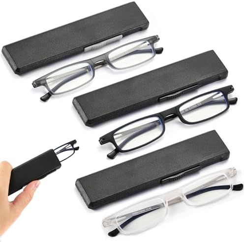 Compact Folding Reading Glasses Anti Blue Light UV, Ultra-thin Slim TR90 Readers with Portable Flat Case for Men Women