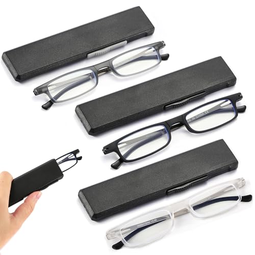 TOVEEN 3 Pack Compact Folding Reading Glasses Anti Blue Light UV, Ultra-thin Slim TR90 Readers with Portable Flat Case for Men Women Clear/Black/Gunmetal +1.0