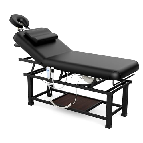 Image of pouseayar Heavy Duty Electric Stationary Massage Table with Heating Function, Backrest Adjustable and Storage Space for Treatment /Medical Spa /Facial /Beauty /Massage Bed - 30 x 75 - Black