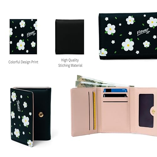Image of INOVERA (LABEL) Flower Wallets for Women, Girls - Stylish Faux Leather Trifold Cash, Cards Holder Wallet - Small Hand Purse (Black)