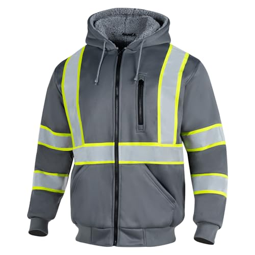 VENDACE Men's ANSI Class 3 High Vis Safety Reflective Sweatshirt Wool Fleece Zipper Jacket Hoodie (Grey,L)
