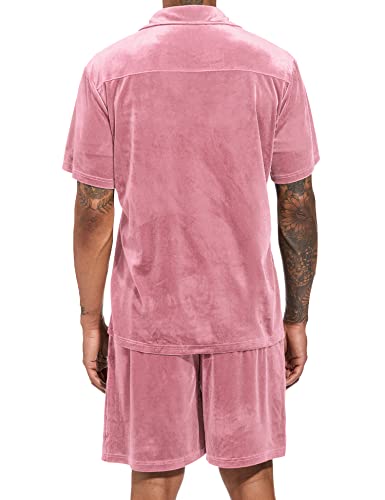LecGee Men Summer Casual Short Sets Velvet Short Sleeve Button Down Shirt Elastic Waist Shorts 2 Piece Outfits Tracksuit3