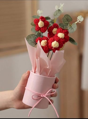 Image of Artificial Crochet Flower Bouquet Handmade Cotton Flowers Bunch for Home Decor, Gift for Girls, Wedding, Festival Decoration, Long Lasting Floral Arrangement (Flower Pot (Red))