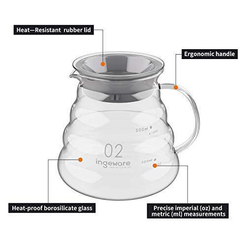 Ingeware Coffee Server, Borosilicate Glass Carafe for Pour Over Coffee