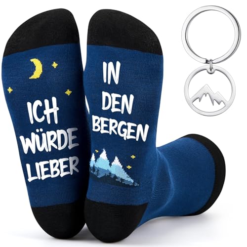 Geyoga Wandern Geschenk Set - Lustige Socken für Männer und Frauen mit Schlüsselanhänger und Grußkarte, Geschenk für Wanderer Skifahrer Bergsteiger Wanderfreunde Camping Reise Urlaub Geburtstag