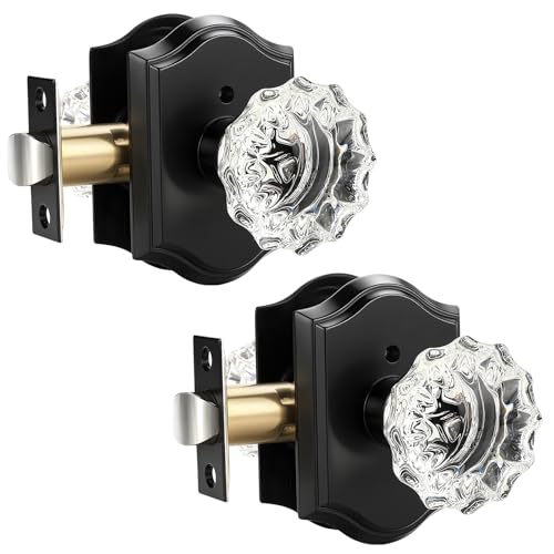 KNOBWELL Glass Door Knobs Interior, Vintage Privacy Crystal Door Knobs for Bedroom &Bathroom, Matte Black Door Locksets, Push Pin Button Inside Lock, 2 Pack