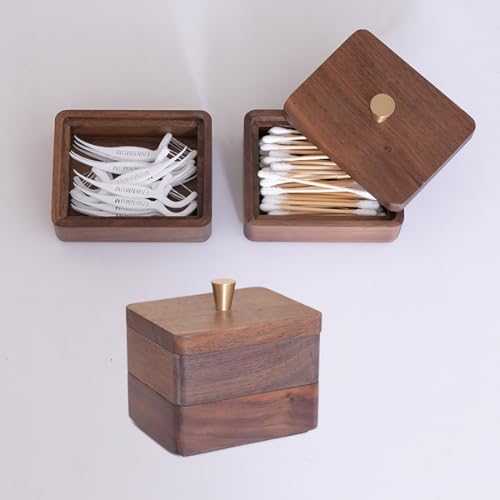Double-Layer Black Walnut Dental Floss & Toothpick Holder – Wooden Storage Box with Lid for Floss Picks, Cotton Swabs, Jewelry, Pills & Small Accessories – Compact, Eco-Friendly Bathroom Organizer
