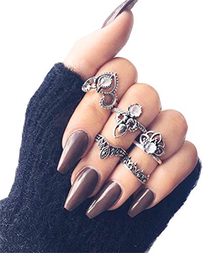 LEXPON 5Pcs/set Women Midi Ring Set Vintage Flower Zirconia Knuckle Midi Finger Rings Set, Silver Color