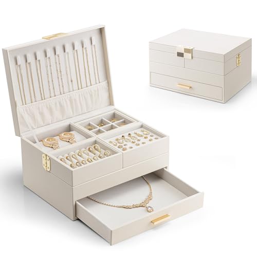 Vlando Jewelry Boxes for Women,3 Layers Jewelry box Organizer With Expandable and Removable Tray,Jewelry Organizer Box for Earring,Ring,Necklace,Brace