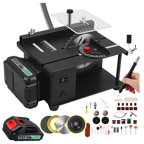 Mini Tischkreissäge mit 7500mAh Akku, Verbessertes 51-teiliges Set Winkelschneiden & Höhenverstellbarer, Akku Tischkreissäge 0,1-35mm Sägeblatt für Schneiden von Holz Kunststoff Schnitzen Schleifen