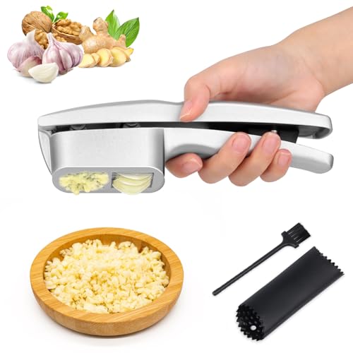 VFANDV 2 en 1 Prensa Ajos Acero Inoxidable, Picador de Ajo Manual con Mango Antideslizante Triturador de Ajos Prensador de Ajos Con Cepillo de Limpieza y Pelador de Ajos Prensa Exprimidora de Ajos