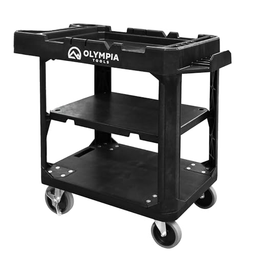 Olympia Tools Convertible Utility Cart, 3 Shelf to Flat Top Workstation, 660-lb Capacity, Ergonomic Tool Slots, 5-in Locking Swivel Wheels | Heavy Duty Plastic Work Carts for Industrial & Maintenance