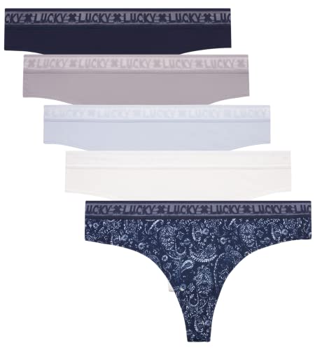 Lucky Brand Women's Underwear - 5 Pack Microfiber Thong Panties (S-XL), Size Medium, Blue Iris/Gardenia/Silver Sconce/Blue/Multi
