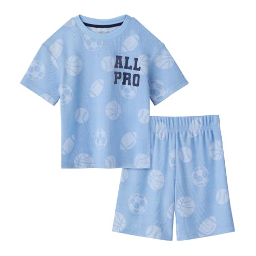 Image of Cuddl Duds Boys Matching 2 Piece Pajamas Set - Short Sleeve Soft Waffle Pajama Shirt & Shorts - Sleep & Lounge Sets for Kids