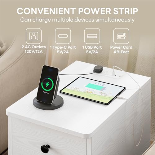 Image of LIKIMIO Nightstand with Charging Station, Narrow Bedside Table with 3 Drawers, End Table with USB Ports and Outlets, Side Table for Living Room /Bedroom Modern