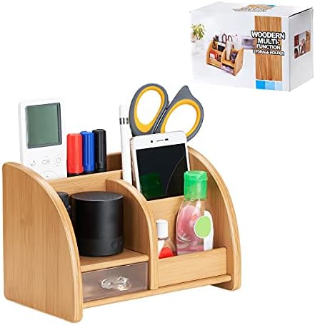Zequech Wooden Supplies Desk Organiser, Multifunctional Tidy with Transparent Drawer, Holder for Pens Pencils Mobile Phones and Remote Controls Notebooks-Student Stationery Storage Office Home School
