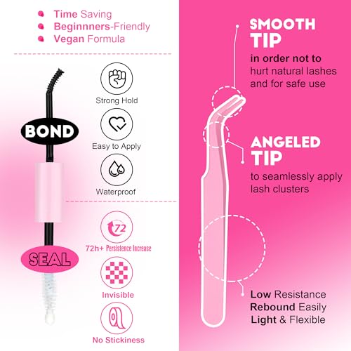 Image of Pawotence Lash Extension Kit DIY Individual Lash Clusters Eyelash Extension Kit 9-16mm Lash Clusters Colored with Lash Bond and Seal, Lash Tweezers for Self Application (40D, 9-16mm, Color Kit)