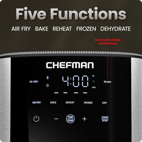 Image of Chefman Air Fryer 6 Qt | TurboFry 5-in-1 with 450F Hi-Fry Option for Crispier Results | Bake, Dehydrate, Frozen | XL Nonstick Dishwasher-Safe Basket | Stainless Steel