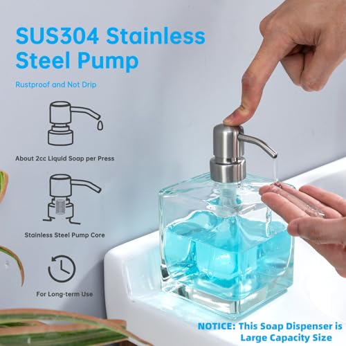 Image of Square Bathroom Soap Dispenser Brushed Nickel, Large Capacity 16.9 oz Glass Bottles with Stainless Steel Pump Retangle Cube Liquid Soap Dispenser Kitchen