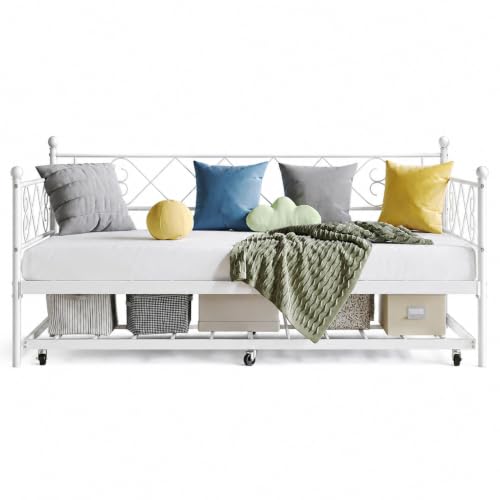 Image of Garvee Daybed with Trundle, Trundle Bed Twin with Heart-Shaped Headboard, Sturdy Metal Sofa Bed, Heavy-Duty Metal Bed Frame Support, for Living Rooms, Bedrooms, and Guest Rooms, Easy Assembly